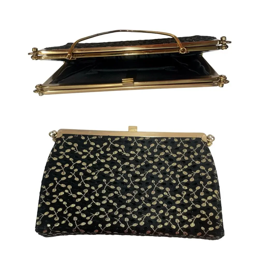 Vintage 60s Convertible Frame Bag Black Gold Evening Purse 3 Way L & M Bags
